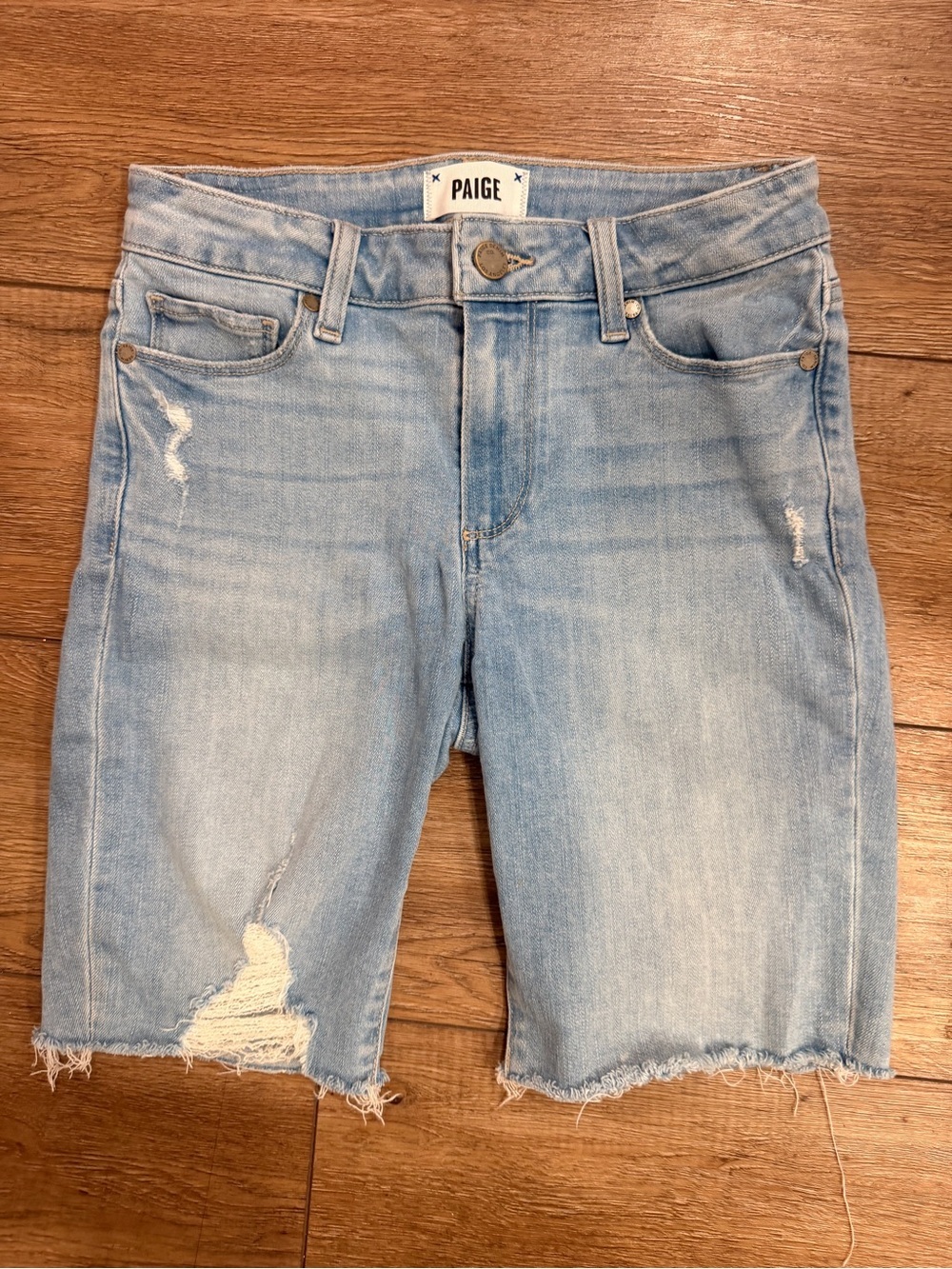 PAIGE Light Wash Distressed Denim Shorts 0472